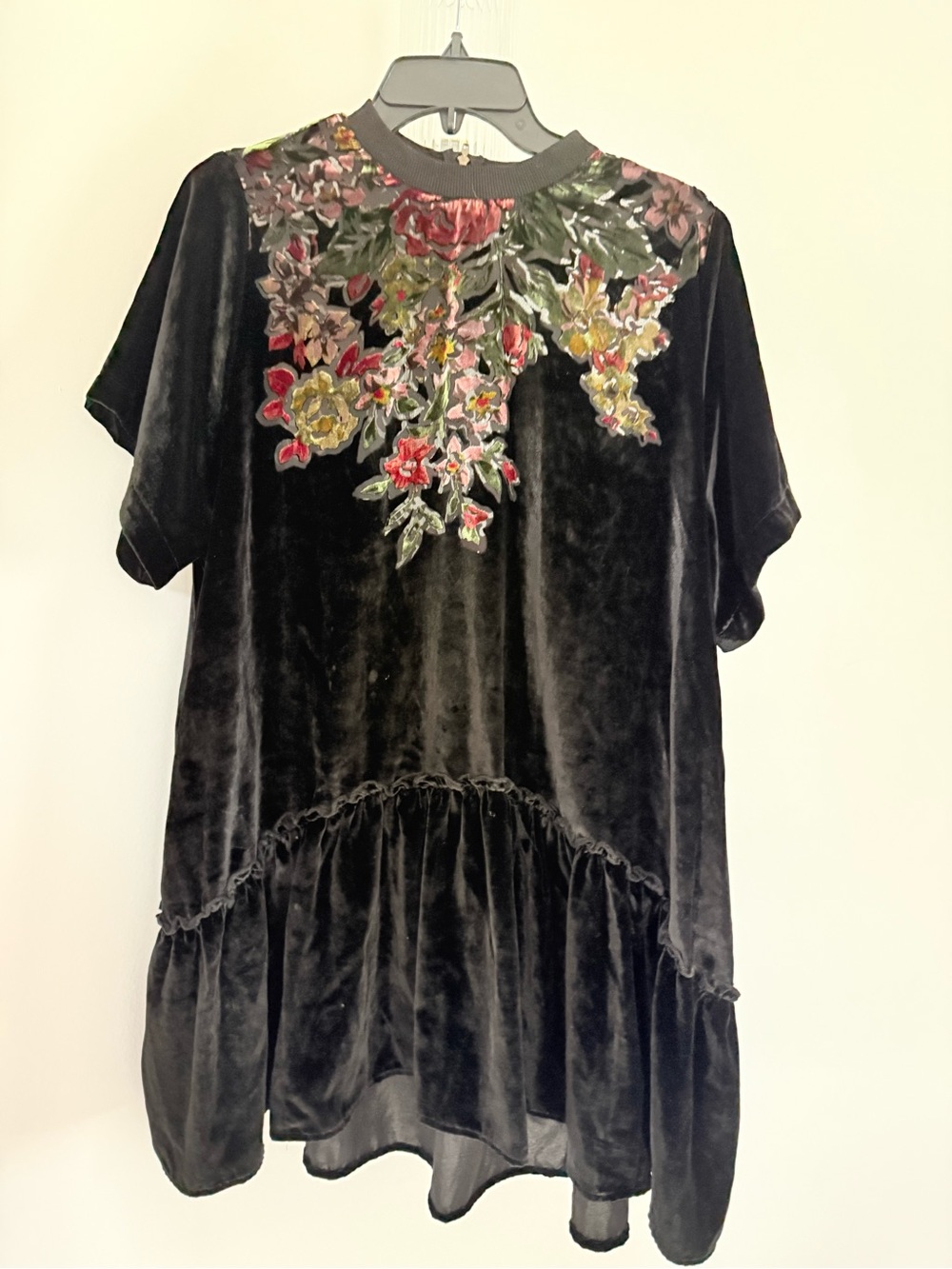 Free People Black Velvet Tunic with Floral Appliqué Yoke